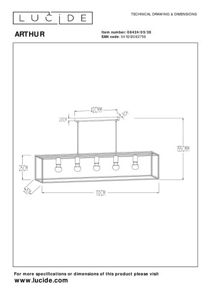 Lucide ARTHUR - Hanglamp - 5xE27 - Zwart - technisch